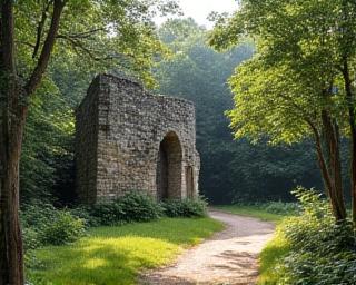 A preserved colonial era stone house along a forest trail