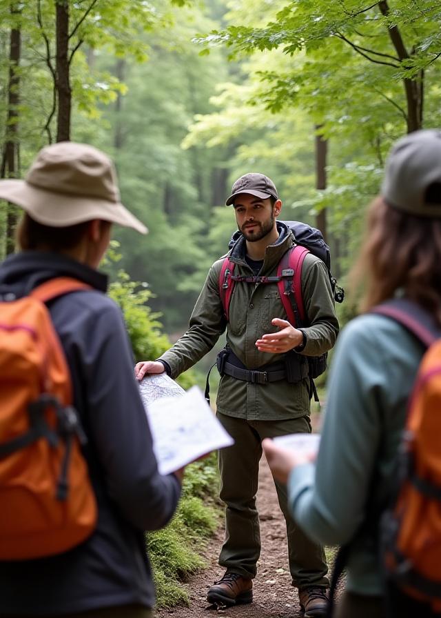 A guide explaining safety procedures to a group of hikers at the edge of a forest path