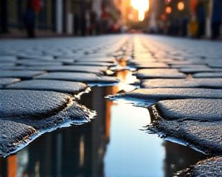 Modern Manhattan skyline juxtaposed with historic cobblestones