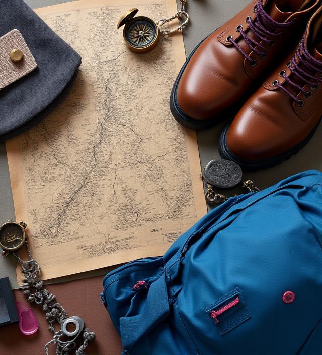 High-quality hiking equipment laid out on a topographical map