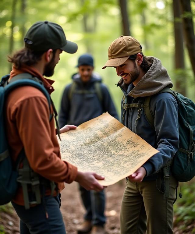 A guide showing a small group a colonial map in the middle of a dense forest